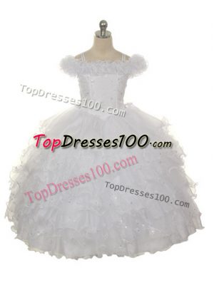 Chic Off The Shoulder Sleeveless Toddler Flower Girl Dress Floor Length Ruffles and Ruffled Layers White Organza