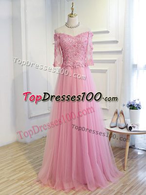 Elegant Off The Shoulder 3 4 Length Sleeve Lace Up Mother Dresses Pink Tulle
