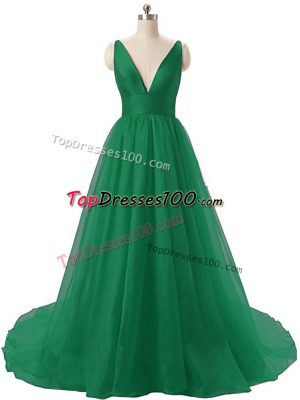 Dark Green Sleeveless Organza Brush Train Backless Celebrity Style Dress for Prom and Party and Military Ball
