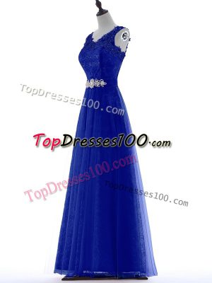 High End Royal Blue Zipper Evening Dress Beading and Lace Sleeveless Floor Length