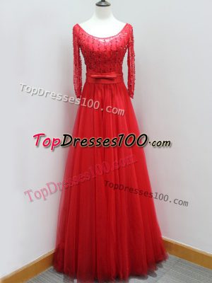 Beading and Belt Formal Evening Gowns Red Backless Long Sleeves Brush Train