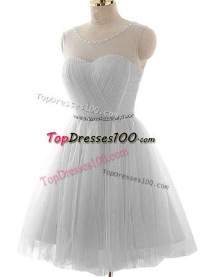 Grey Tulle Lace Up Prom Dress Sleeveless Mini Length Beading and Ruching