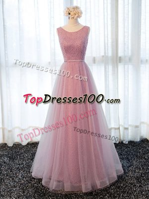 New Arrival Sleeveless Tulle Floor Length Zipper Prom Party Dress in Pink with Beading and Belt