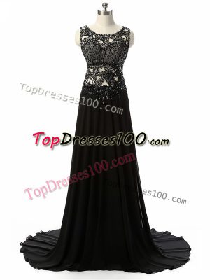 Black Scoop Neckline Beading and Lace and Appliques Womens Evening Dresses Sleeveless Side Zipper