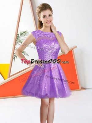 Pretty Lilac Sleeveless Knee Length Beading and Lace Backless Bridesmaid Dress