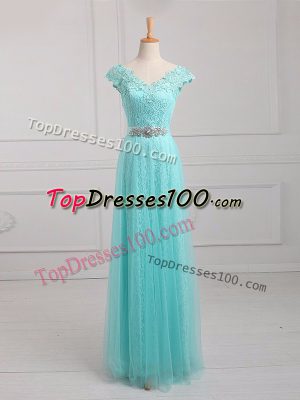 Low Price Aqua Blue Tulle and Lace Lace Up V-neck Cap Sleeves Floor Length Mother Dresses Beading and Appliques