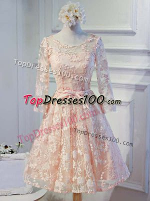 Adorable Peach Scoop Neckline Appliques Homecoming Gowns Long Sleeves Lace Up