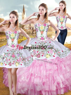 Flirting Sweetheart Sleeveless Organza and Taffeta Quinceanera Dress Embroidery and Ruffled Layers Lace Up