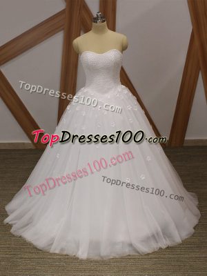 White A-line Beading and Hand Made Flower Bridal Gown Lace Up Tulle Sleeveless Floor Length