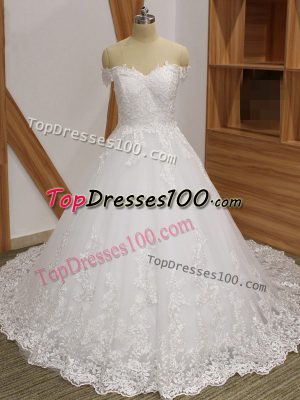 White Off The Shoulder Zipper Lace Wedding Dresses Brush Train Sleeveless