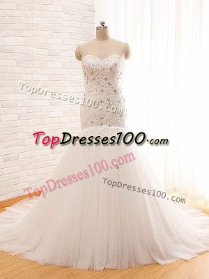 White Mermaid Sweetheart Sleeveless Tulle Brush Train Lace Up Beading and Appliques Bridal Gown