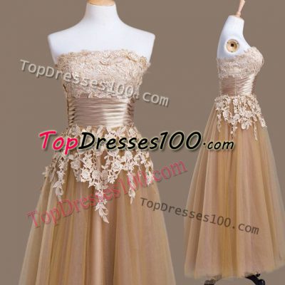 Brown Empire Appliques Vestidos de Damas Lace Up Tulle Sleeveless Tea Length