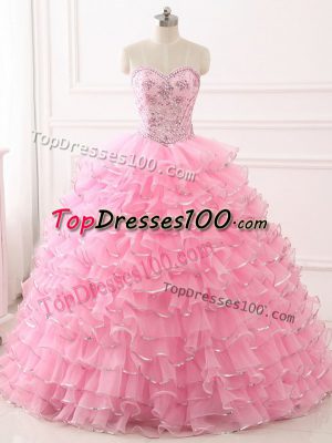 Baby Pink Sweetheart Lace Up Beading and Ruffled Layers Sweet 16 Dresses Sweep Train Sleeveless