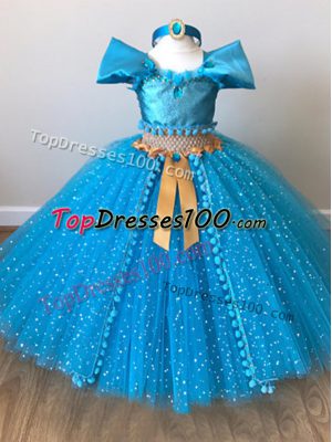 Affordable Baby Blue Little Girl Pageant Dress Wedding Party with Sequins and Belt Off The Shoulder Cap Sleeves Zipper