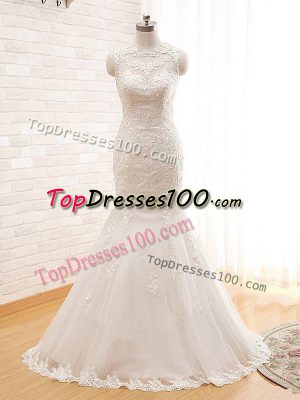 Chic High-neck Sleeveless Wedding Dress Floor Length Lace and Appliques White Tulle