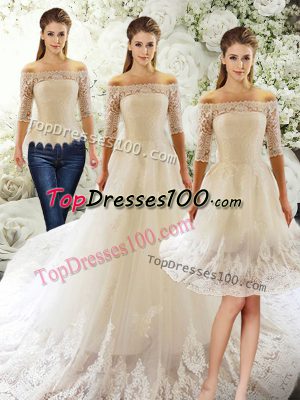 Pretty White Wedding Gowns Tulle Court Train Half Sleeves Lace
