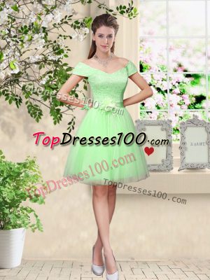 Nice Apple Green A-line Tulle V-neck Cap Sleeves Lace and Belt Knee Length Lace Up Bridesmaid Dresses