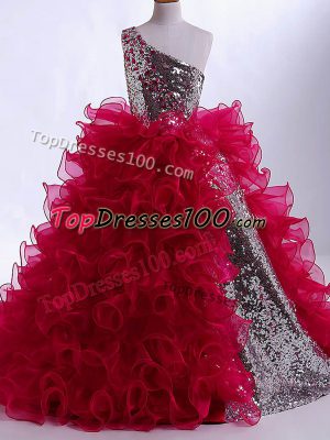 Wine Red One Shoulder Neckline Ruffles and Sequins Pageant Gowns For Girls Sleeveless Zipper