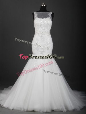 Beauteous White Sleeveless Brush Train Appliques Wedding Dresses