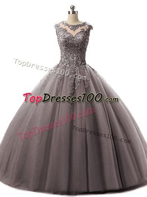 New Arrival Brown Tulle Lace Up Scoop Sleeveless Floor Length Ball Gown Prom Dress Beading and Lace