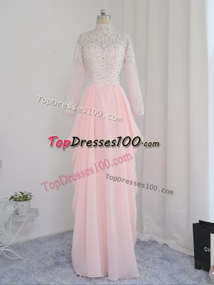 Chiffon and Silk Like Satin High-neck Sleeveless Zipper Beading Prom Dresses in Baby Pink