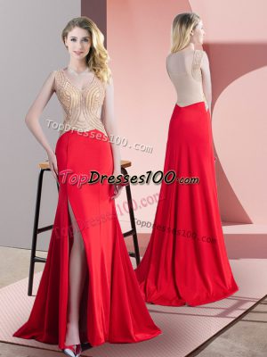 Hot Selling Red Sleeveless Elastic Woven Satin Brush Train Zipper Oscars Dresses for Prom and Party and Military Ball