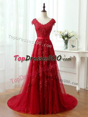 New Arrival Cap Sleeves Brush Train Lace and Appliques Lace Up Runway Inspired Dress