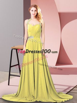 Wonderful Sleeveless Chiffon Brush Train Zipper Prom Dresses in Gold with Beading and Ruching