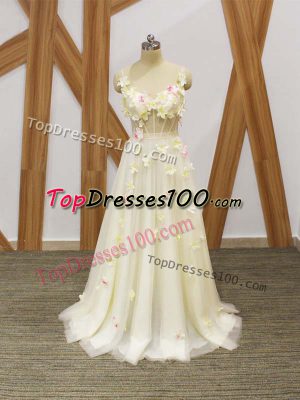 Popular Tulle Straps Sleeveless Lace Up Hand Made Flower Celebrity Prom Dress in Champagne