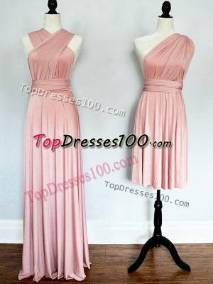 Floor Length Lace Up Quinceanera Court Dresses Pink for Prom and Wedding Party with Ruching