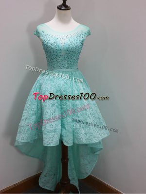 High Low Zipper Bridesmaid Dress Aqua Blue for Prom and Party and Wedding Party with Beading and Lace