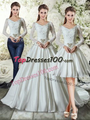 Beauteous V-neck Long Sleeves Wedding Gowns Chapel Train Lace and Belt White Taffeta