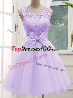 Lavender Lace Up Bridesmaids Dress Lace and Bowknot Sleeveless Knee Length