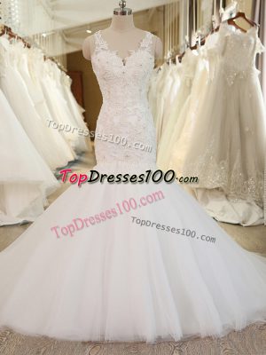 Elegant Tulle V-neck Sleeveless Chapel Train Clasp Handle Beading and Appliques Bridal Gown in White