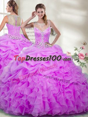 Floor Length Zipper Quinceanera Gowns Lilac for Military Ball and Sweet 16 and Quinceanera with Beading and Ruffles