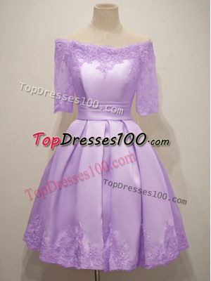 Off The Shoulder Short Sleeves Lace Up Wedding Guest Dresses Lavender Taffeta
