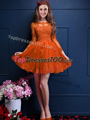 Suitable Orange Red Quinceanera Dama Dress Prom and Party with Beading and Lace and Appliques Scalloped 3 4 Length Sleeve Lace Up