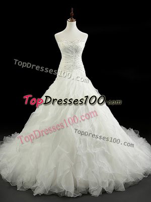 Dramatic White Sleeveless Organza Court Train Lace Up Wedding Dress for Wedding Party