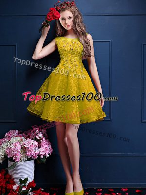 Yellow A-line Tulle Bateau Sleeveless Beading and Lace Knee Length Lace Up Dama Dress for Quinceanera