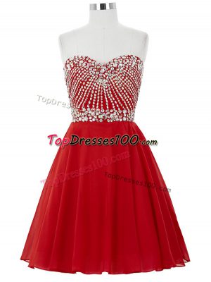 New Arrival Red A-line Beading Prom Dress Lace Up Chiffon Sleeveless Mini Length