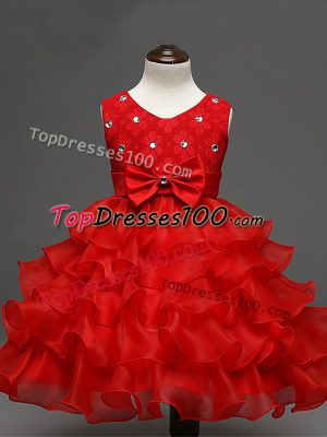 Perfect Red Sleeveless Knee Length Lace and Ruffled Layers and Bowknot Zipper Kids Pageant Dress