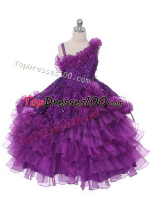 Charming Purple Sleeveless Organza Lace Up Little Girls Pageant Dress Wholesale for Wedding Party