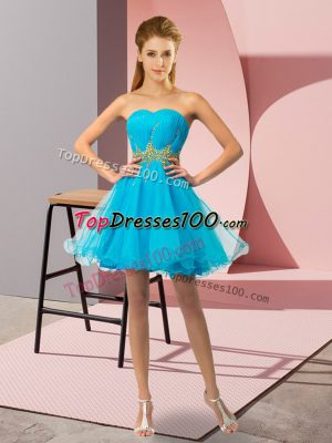 Graceful Baby Blue Prom Party Dress Prom and Party and Sweet 16 with Beading and Ruching Sweetheart Sleeveless Lace Up