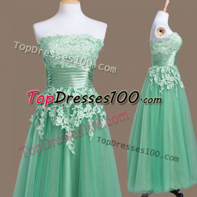 Excellent Turquoise Strapless Neckline Appliques Wedding Guest Dresses Sleeveless Lace Up