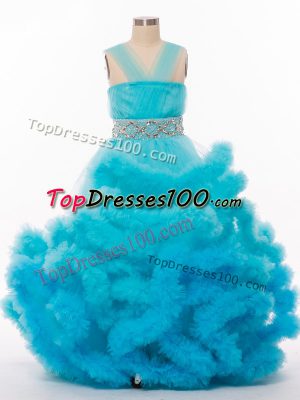 Luxurious Sleeveless Tulle Floor Length Lace Up Juniors Party Dress in Baby Blue with Beading and Hand Made Flower