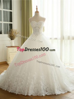 Customized Sweetheart Sleeveless Wedding Dress Court Train Beading and Lace and Appliques White Tulle