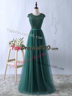 Artistic Dark Green Short Sleeves Floor Length Lace Zipper Prom Gown