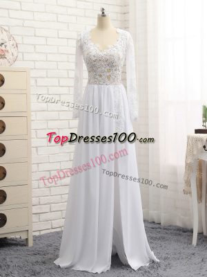 Free and Easy White Zipper V-neck Lace and Appliques Prom Gown Chiffon Long Sleeves