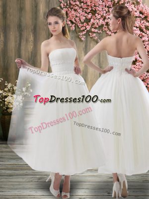 White Zipper Bridal Gown Ruching Sleeveless Ankle Length