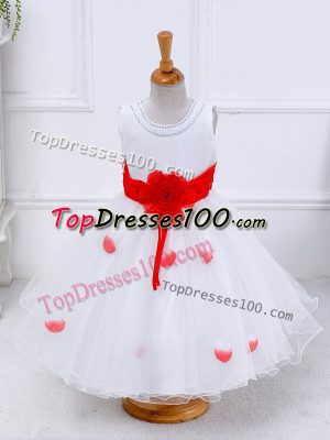 Hand Made Flower Toddler Flower Girl Dress White Lace Up Sleeveless Tea Length